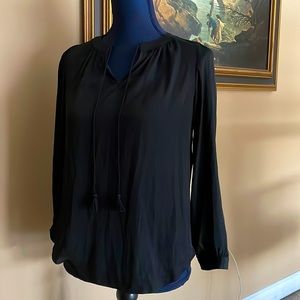 LOFT Black Cuffed Long Sleeve Blouse with Tassel Detailing on Neckline